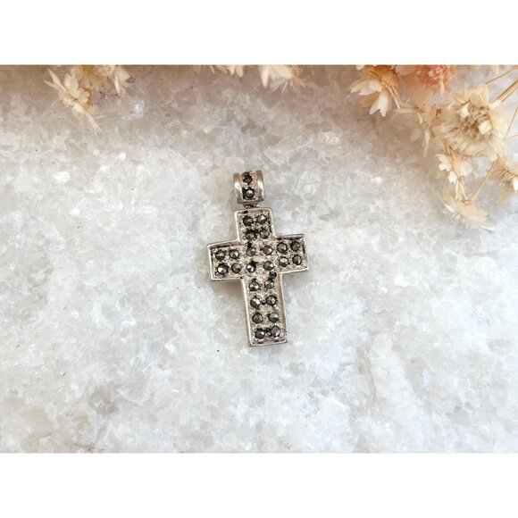Cross Shaped Marcasite Accented Geometric Sterling Silver 925 Vintage Pendant - Picture 2 of 9